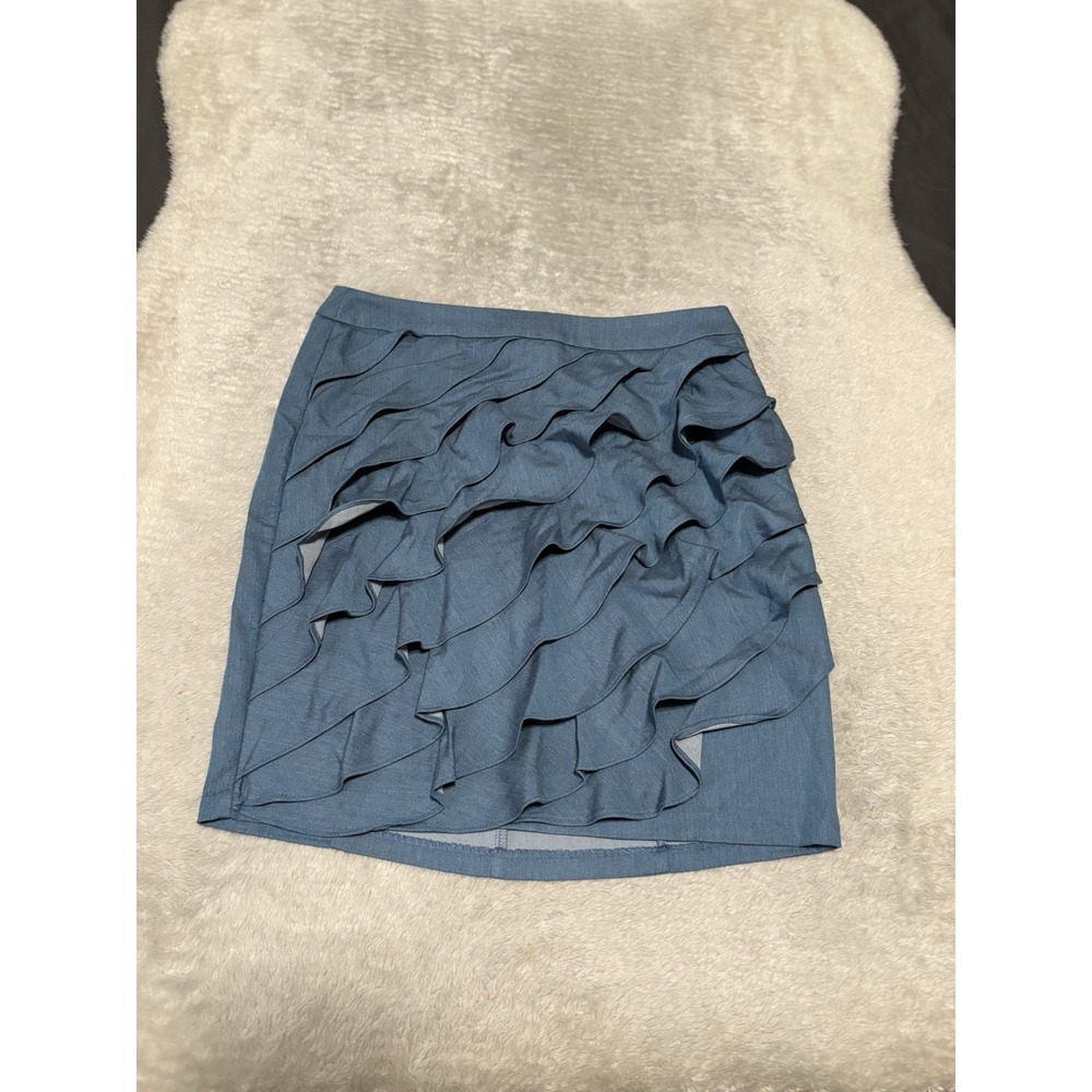 New New York & Company Womens Blue Midi Ruffle Skirt Back Zip Size‎ 10 NWT